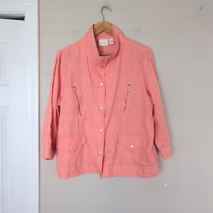 Chico's Salmon Pink 100% Linen High Neck Button Down Shirt Jacket Size 2/10